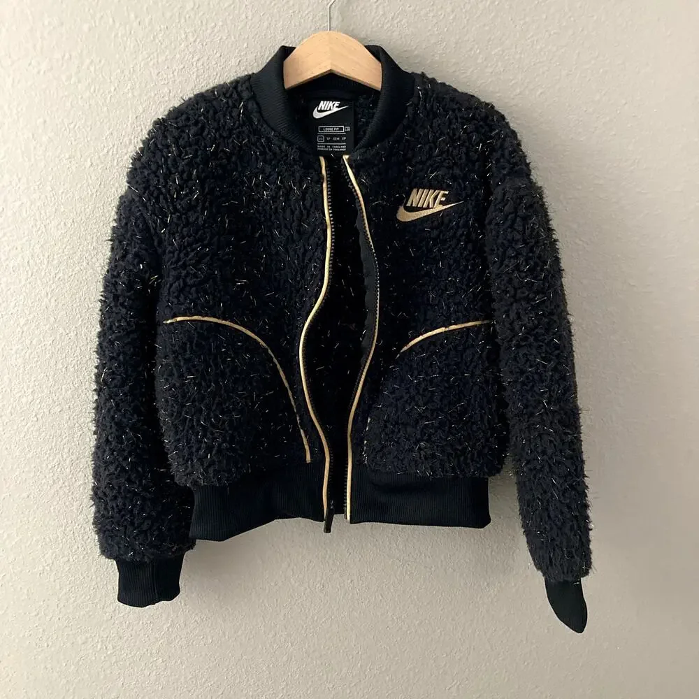 Nike Sherpa Shine Fleece Bomber Jacket - Girls - Black Gold - XS or 4 / 5